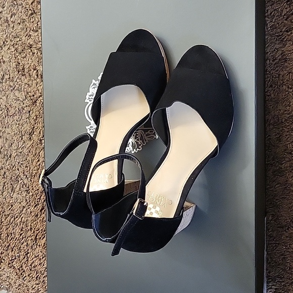 Vince Camuto Black Suede Ciestie Cork Platform Ankle Strap Peep-Toe Sand… - Picture 3 of 15